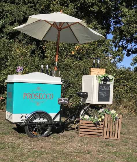 Prosecco served from our charming tricycles ... helping the classy get smashed #Prosecco #partytime #wedding idea #proseccovan Prosecco Picnic, Prosecco Cart, Lamarca Prosecco, Prosecco Van, Prosecco Bar, Mobile Food Cart, Cart Ideas, Van Ideas, Flower Cart