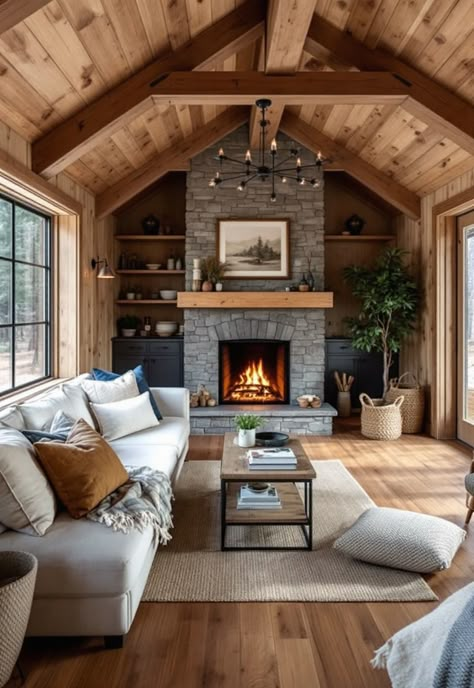 Small Cabin Interior Ideas Modern Farmhouse Cabin Interiors, Modern Rustic Tiny House, Tahoe Cabin Interior, Rustic Cottage Interiors Small Cabins, Loghouse Interior Modern, Cabin Feel Home, Interior Cabin Walls Ideas, Updated Cabin Interior, 70s Cabin Aesthetic