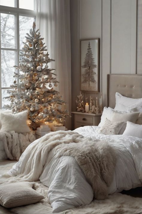 Winter Wonderland Christmas Bedroom, Silver Christmas Bedroom Decor, Christmas Night Stand Decor, Elegant Christmas Bedroom, Cozy Christmas Bedroom Ideas, Christmas Bedroom Ideas Cozy, Winter Themed Bedroom, White Christmas Bedroom Decor, Blue Christmas Bedroom