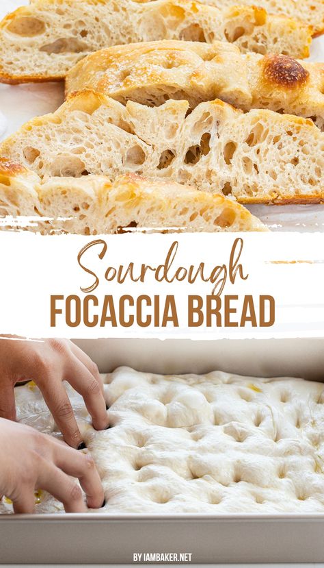 one image shows four slices of the bread next to each other on a white surface. the second image shows hands dimpling the focaccia dough in a silver baking pan. Easy Sourdough Foccacia Recipe, Cheesy Sourdough Bread, Foccacia Bread Recipes Sourdough, Sourdough Foccacia Bread, Sourdough Foccacia Recipe, Sourdough Focaccia Recipe, Foccacia Recipe, Active Sourdough Starter, Sourdough Focaccia