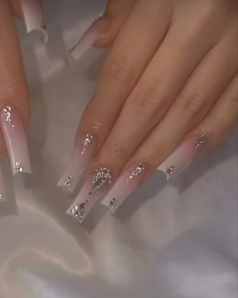 Nails With Circle Rhinestones, White 2023 Nails, Milky White Acrylic Nails With Rhinestones, Squared Acrylics Long, Milky Pink Nails With Rhinestones, White Glitter Nails With Rhinestones, Long Gem Acrylic Nails, Minimal Bling Nails, Bling Nails With Initials