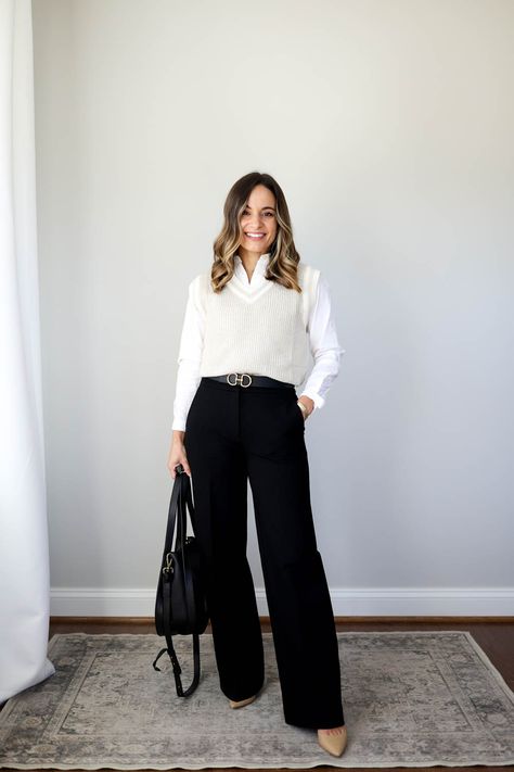 Wide Leg Work Outfits Women, Sweater And Dress Pants Work Outfits, Women’s Black Pants Outfit, Business Casual Style Winter, Size 8 Business Casual Outfits, 2023 Women’s Work Fashion, Black Pants Work Outfit Winter, Work Outfits Women Comfy, Casual Work Outfits Petite