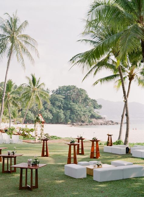 A Serene, Lotus-Themed Wedding in Thailand Beach Cocktail Hour, Beach Cocktail Party, Cocktail Hour Decor, Wedding In Thailand, Beach Wedding Decorations Reception, Cocktail Wedding Reception, Beach Wedding Reception, Outdoor Cocktail, Cocktail Hour Wedding