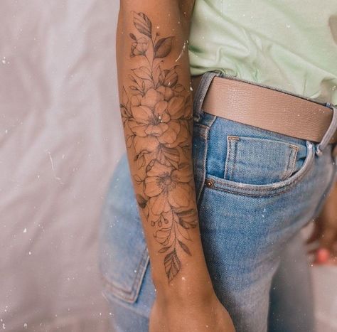 Feminine Arm Tattoo Placement, Riley Green Tattoos, Feminine Fine Line Tattoo Sleeve, Arm Flower Sleeve Tattoo, Woman Lower Arm Tattoo, Arm Tattoos For Women Fine Line, Flower Half Sleeve Tattoos For Women Floral Art Designs, Forearm Floral Sleeve, Dainty Floral Sleeve Tattoo