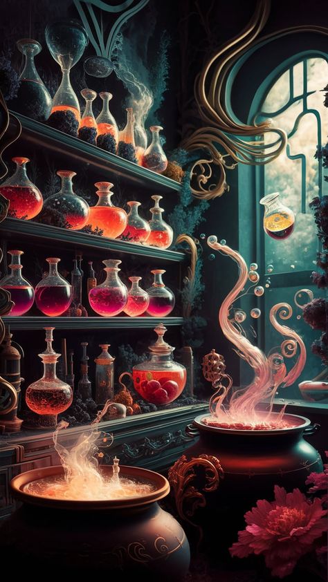 Step into a dreamlike world with this enchanting potion wallpaper, featuring a vibrant alchemy lab filled with ornate vials and bubbling cauldrons. Embrace the flowing lines of Art Nouveau and the surrealism of floating ingredients, all enveloped in rich textures and moody colors. This unique design also integrates steampunk elements, perfect for those seeking magical decor and mystical ambiance. Ideal for fantasy lovers and creative souls. Vials Aesthetic, Potion Wallpaper, Lab Wallpaper, Alchemy Aesthetic, Ancient Alchemy, Alchemy Lab, Magical Decor, April Art, Alchemy Art