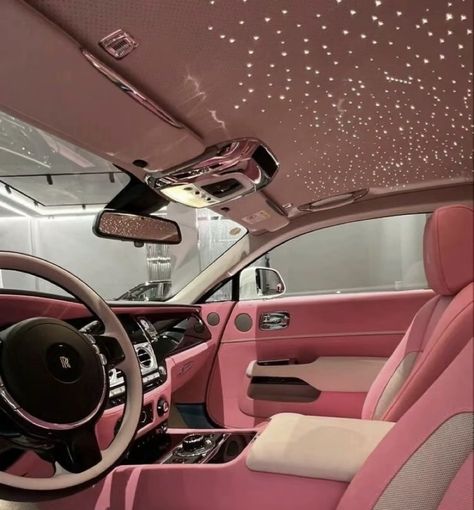 Pink And Brown Car Interior, Hot Pink Inside Car, Pink Range Rovers Inside, Pink Seats Car, Pink Buggati, Pink Cars Inside, Pink Hellcat Interior, Inside The Car Aesthetic Pink, Pink Wrapped Car Interior