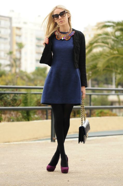 blue tweed dress, black tights and jacket, with suede heels Blue Dress Black Tights, Babydoll Dress Outfit Winter, 1960s Fashion Dress, Navy Blue Dress Outfit, Babydoll Dress Outfit, White Outfit Casual, Outfit With Tights, Blue Tweed Dress, Navy Dress Outfits