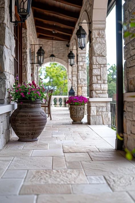 Elegant Stone Porch Ideas for Your Home Stone Front Porch, Stone Porch Ideas, Front Porch Stone, Stone Porches, Small Urban Garden, Backyard Balcony, Porch Windows, Home Design Magazines, Cozy Patio