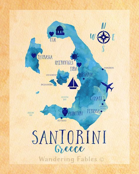 Santorini Tattoo, Greece Map Illustration, Map Of Santorini, Santorini Map, Santorini Greece Honeymoon, Map Of Mykonos Greece, Santorini Greece Illustration, Thira Santorini, Santorini Beaches