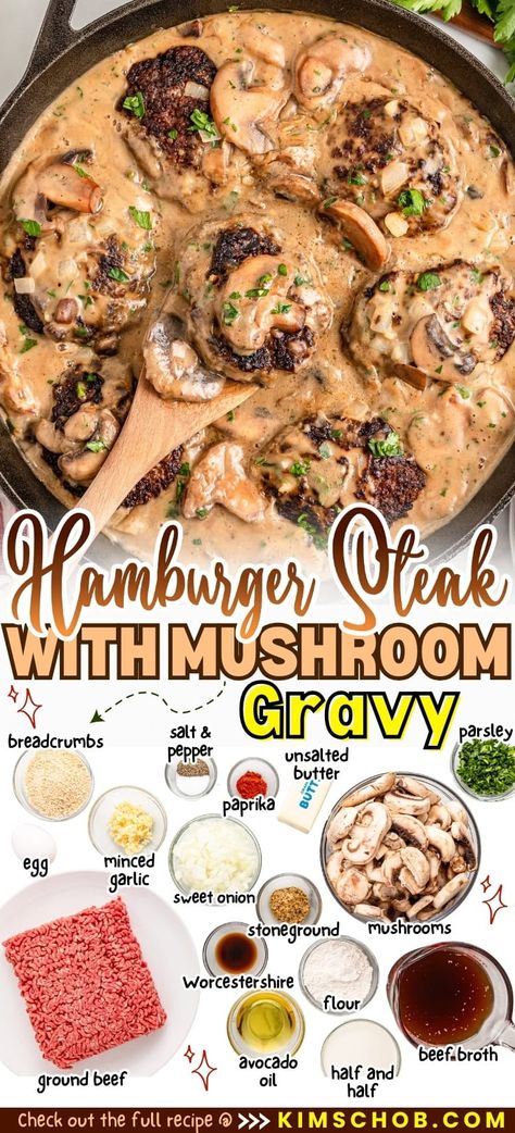 Explore the best hamburger steak with mushroom gravy recipe - a timeless comfort food favorite that's simple to prepare and absolutely scrumptious. Hamburg Steak Recipes, Hamburger Steak Sides Dishes, Hamburger Fall Recipes, Mushroom Hamburger Recipes, Hamburger Meat Cream Of Mushroom Recipes, Hamburger And Mushrooms, Hamburger Steak With Cream Of Mushroom Soup, Hamburger Gravy Recipe Mushroom Soup, Hamburger Steak With Mushrooms