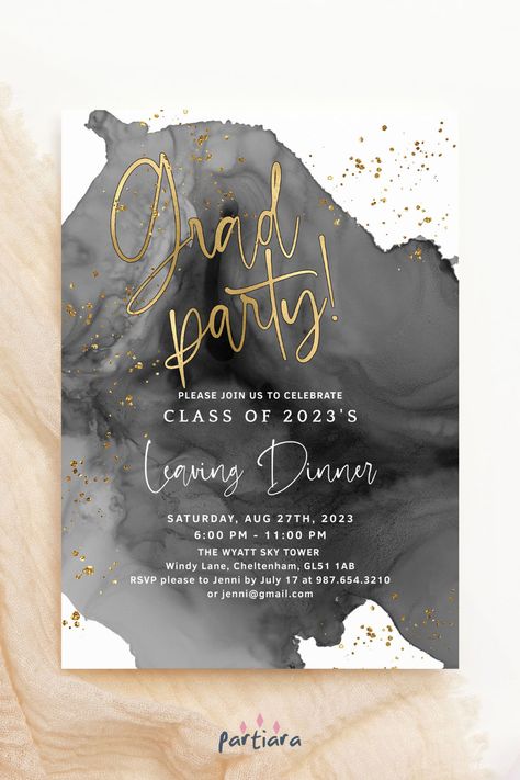 Self-editable 5x7" invite - follow the link for details and free demo! ♦ Easily edit online in your browser then download and print or send digitally ♦ Sparkle bright with the class of 2023, congratulate that clever grad with this dinner dance invite, celebrating in black gold splendor ♦ #graduationinvites #graduationparty #dinnerdanceinvite #mensgraduation #ladiesgraduation #boysgraduation #girlsgraduation #gradpartyinvite Digital Graduation Invitations, Digital Graduation Party Invitations, Graduation Day Invitation Cards, Combined Graduation Party Invitations, Black And Gold Graduation Invitations, Graduation Dinner, Love Website, Class Of 2023, Gold Sign