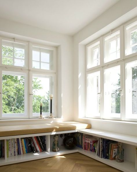 Low Ikea Bookshelves, Below Window Bookshelves, Low Window Bench Seat With Storage, Sofa Window Seat, Low Shelves Under Window, Low Bookshelves Under Window, Window Seat Shelves, Low Window Bench, Window Sofa Design