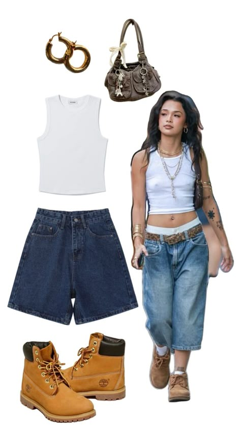 outfit / y2k / summer / timberland/ jorts / purse 90s Fashion Timberlands, Jorts With Timbs Fit, Simple Jorts Outfits, Timberland Summer Outfits, Y2k Jorts Outfit Women’s, Y2k Jorts Outfit, Timberland Boots Outfit Summer, Timberland Shoes Outfit, Timberlands Outfits Women