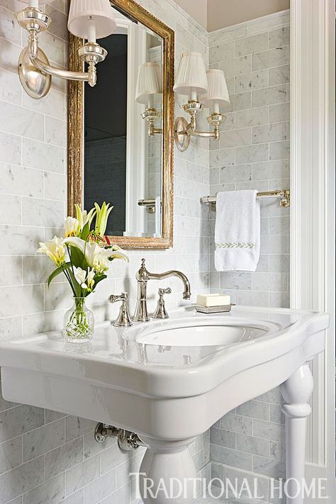 I love antique mirrors. In fact, they are one of my favorite antiques to own. And in a bathroom, they are wonderful. Especially an all-white or neutral bat Romantic Room, Bad Inspiration, Decor Shabby Chic, Vibrant Style, Vinyl Decor, Powder Rooms, Subway Tiles, Dream Bathrooms, Bath Room