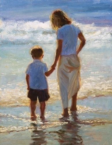 Human Painting, Beach Art Painting, River Painting, Mother Art, Family Painting, Mother And Son, Art Painting Gallery, Mom Art, Palette Knife Painting