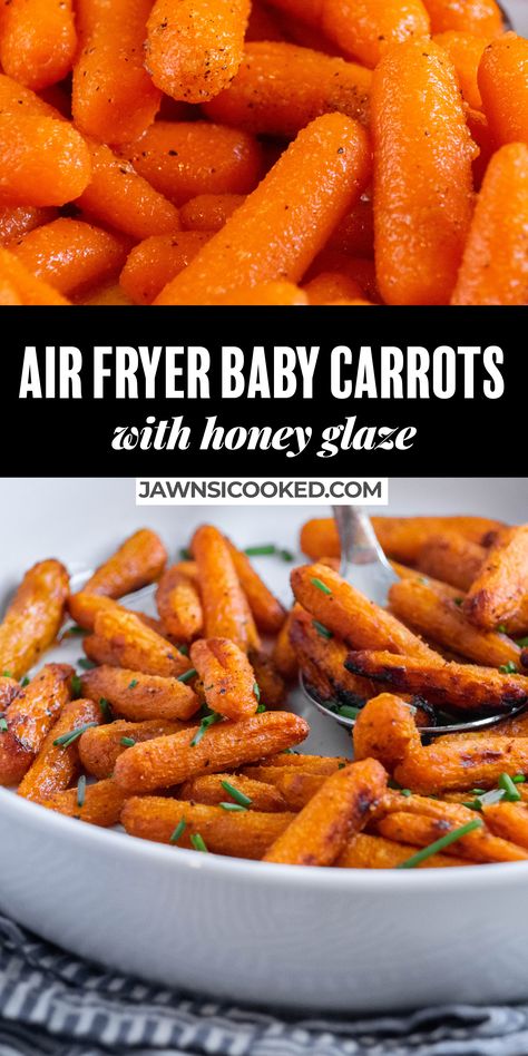 These easy, healthy and light honey glazed Air Fryer Baby Carrots are a simple side dish you can make any night of the week. With only 4 ingredients and 20 minutes of cook time, these seasoned, roasted and delicious carrots are a breeze to make! Air Fryer Baby Carrots, Air Fryer Carrots, Roasted Baby Carrots, Carrot Chips, Honey Roasted Carrots, Cooked Carrots, Easy Side Dish, Air Fryer Healthy, Carrot Recipes