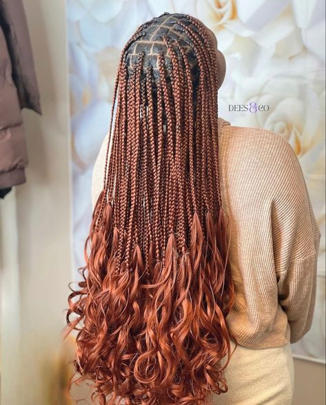 Box Braids Hairstyles With Curls And Color, Long Knotless Curly Ends, Ginger Braids With French Curls, Ginger French Curl Braids Black Women, Knotless Braid With Curly Ends, Medium Box Braids With French Curls, Ginger French Curl Knotless Braids, Big French Curl Box Braids, French Curls Braids Big