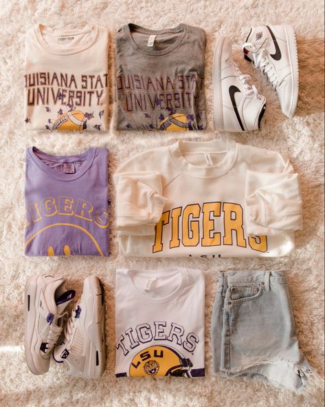 T Shirt Boutique, Lsu College Announcement, Lsu Football Game Outfits For Women, Lsu Baseball Game Outfit, Lsu Outfits For Women, Cute Lsu Game Day Outfits, Louisiana State University Aesthetic, Lsu Football Game Outfit, Lsu Tailgate Outfit