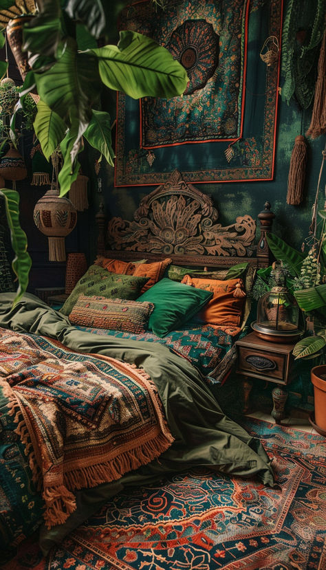 Dark Warm Bohemian Bedroom Bohemian Grunge Bedroom, Dark Academia Boho Bedroom, Maximalistic Bedroom, Cozy Hippie Bedroom, Dark Whimsical Bedroom, Dark Bohemian Bedroom, Purple And Brown Bedroom, Arabian Nights Bedroom, Purple Bohemian Bedroom