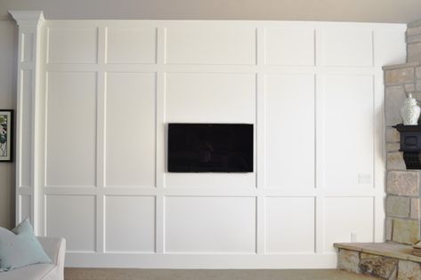 board and batten interior walls | My New Home: Family Room Board and Batten Wall Reveal Farmhouse Trim Moldings, Living Room Board And Batten, Living Room Board, Farmhouse Trim, Kitchen Wall Panels, Board And Batten Exterior, Batten Wall, Board And Batten Wall, My New Home