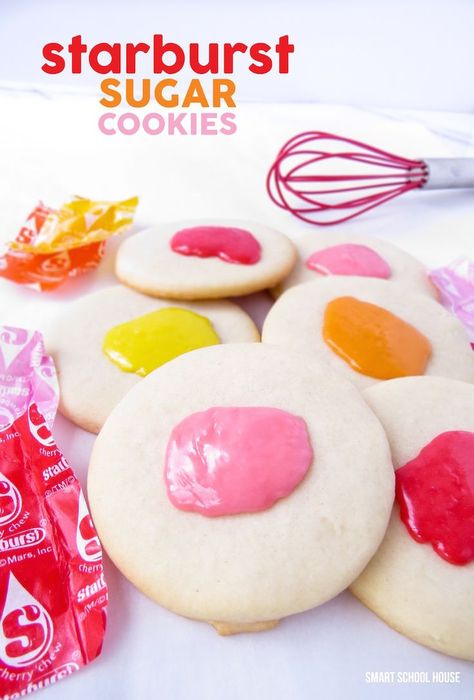 Starburst Sugar Cookies Starburst Desserts, Starburst Cookies, Cookie Fillings, Starburst Recipe, Flavored Sugar Cookies, Farewell Ideas, The Best Sugar Cookies, Candy Dots, Homemade Strawberry Sauce