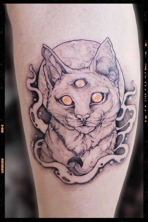 Tattoo inspiration - kitty tattoo inspiration Mystical Cat Tattoo, Mystic Cat Tattoo, Hissing Cat Tattoo, Devil Cat Tattoo, Cat Tattoo Arm, Three Eyed Cat Tattoo, Demon Cat Tattoo, Druid Tattoo, Baby Tattoo Designs