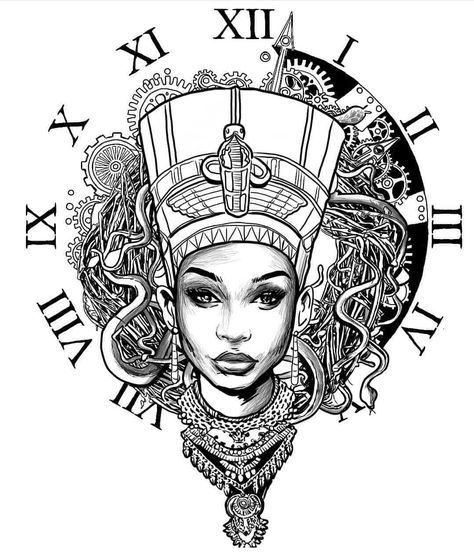 African Art Tattoo, Egyptian Queen Tattoos, African Queen Tattoo, Egypt Tattoo Design, Queen Tattoos, Nefertiti Tattoo, Harley Tattoos, Africa Tattoos, Egyptian Tattoo Sleeve