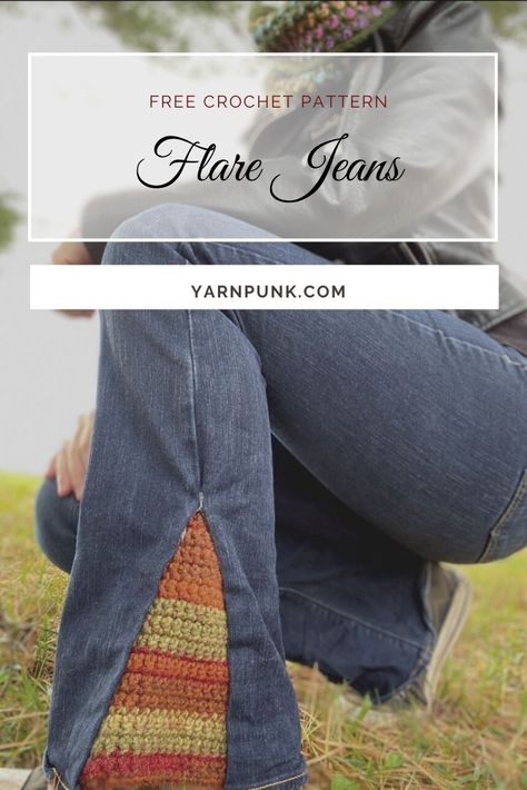 Add Crochet To Jeans, Diy Bell Bottom Jeans, Crochet Bell Bottoms, Diy Flare Jeans, Diy Bell Bottoms, Beginner Knit, Jeans Tutorial, Punk Jeans, Crochet Bell