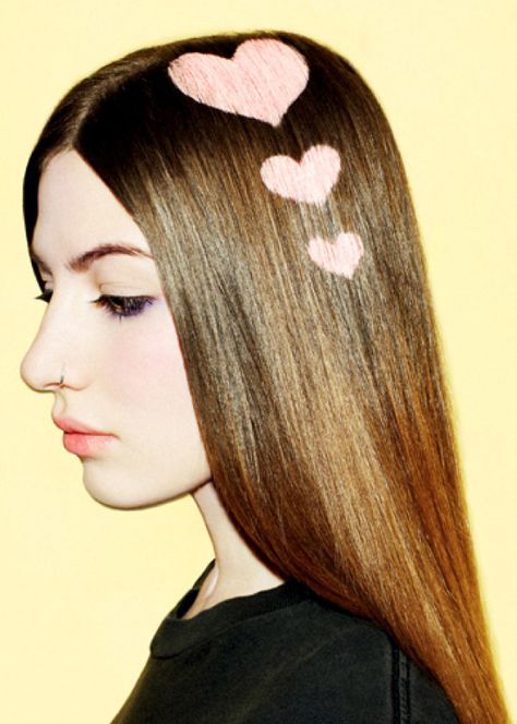 Hairspiration; Heart stencils.  http://www.dazeddigital.com/fashion/article/13510/1/bleach-re-opening Hair Stenciling, Bob Hair Color, Shaved Side Hairstyles, Bleach London, Hair Chalk, Heart Hair, Alternative Hair, Hair Shows, Pastel Hair