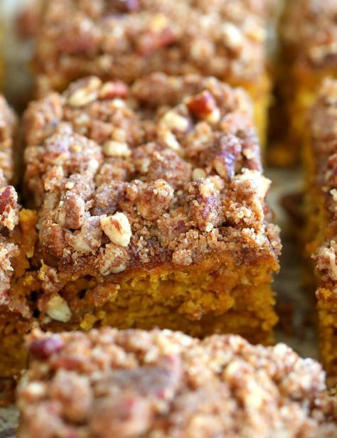 Vegan Pumpkin Coffee Cake with Pecan Crumb. Easy 1 Bowl Pumpkin Cake, topped with Chai Spice Pecan Streusel. Just 15 mins prep. Soft, Spiced, Delicious. Vegan Soy-free Recipe.  | VeganRicha.com Vegan Pumpkin Cake, Vegan Thanksgiving Dessert, Pumpkin Coffee Cake, Baking Vegan, Cake With Cinnamon, Vegan Pecan, Pumpkin Coffee Cakes, Vegan Breakfasts, Vegan Richa