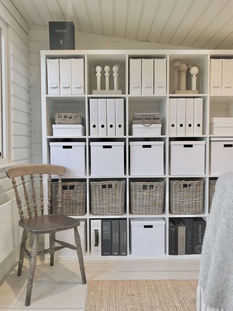 How To Store Binders In Office, Cube Storage Office Organization, Organizing A Small Office Space, Kallax Office Ideas, Kallax Home Office, Kallax Organization, Kallax Office, Home Office Organization Ideas, Small Office Storage