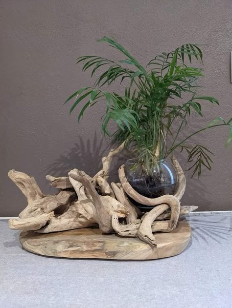 Driftwood Sculptures: Let your creativity flow by sculpting driftwood into unique shapes or figures. You can use simple hand tools to carve and shape the wood, then display your sculptures as standalone art pieces.  Hashtags:   #DIY #HomeDecor #DriftwoodArt #ScrapWoodProjects #DIYDecor #Crafting Driftwood And Flowers, Projects With Scrap Wood, Takken Decor, Driftwood Art Sculpture, Art Diy Ideas, Driftwood Sculptures, Wall Art Creative, Diy Driftwood, Beach Themed Crafts