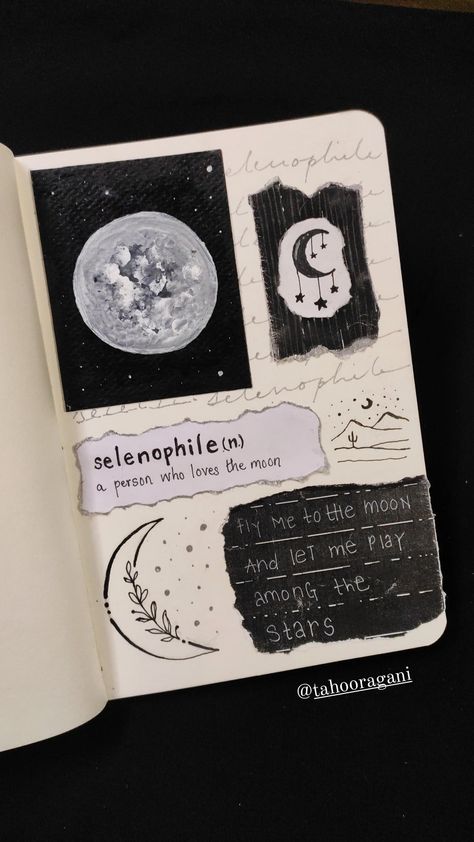 Sketches In Journals, The Moon Aesthetic Drawing, Selenophile Journal Ideas, Aesthetic Art Journal Ideas Sketch, Selenophile Drawing, Moon Aesthetic Journal, Selenophile Journal, A6 Notebook Journal Ideas, Art Journal Spreads Aesthetic