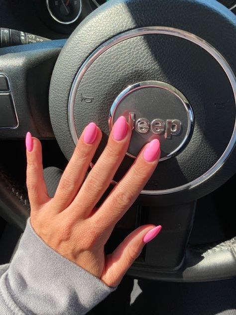 Pink Acrylic Nails Solid Color, Short Round Pink Acrylic Nails, Gel Nails With Tips Ideas, Short Rounded Pink Nails, Barbie Pink Oval Nails, Simple Summer Nails Almond Pink, Nail Colors By Month, Plain Pink Acrylic Nails Almond, Light Bubble Gum Pink Nails