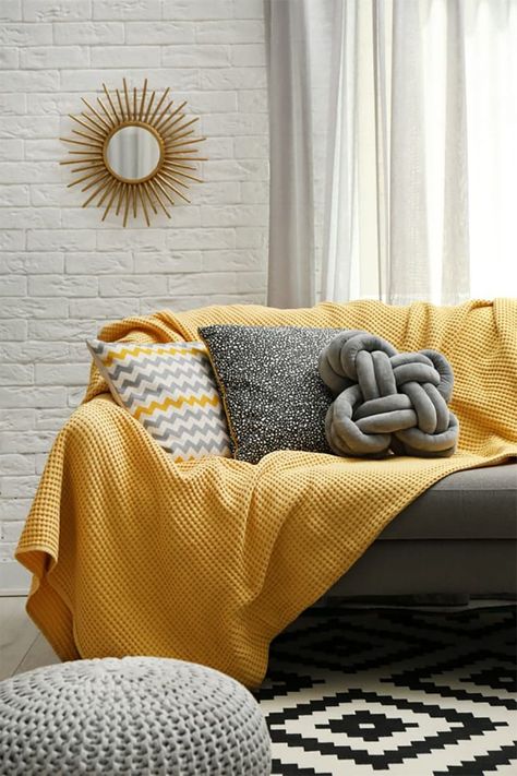 Grey And Yellow Living Room, Yellow Blankets, Latest Sofa Designs, Yellow Sofa, Yellow Living Room, Yellow Home Decor, Yellow Decor, Yellow Pillows, Colourful Living Room