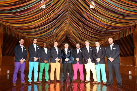 Rainbow wedding - groomsmen and bridesmaids were each given a paint chip to match as best as possible. Rainbow Theme Wedding Ideas, Rainbow Wedding Party Bridesmaid Dresses, Rainbow Wedding Groomsmen, Rainbow Groomsmen, Rainbow Room Wedding, Groomsmen And Bridesmaids, Rainbow Bridesmaids, Jasmine Wedding, Paper Ring