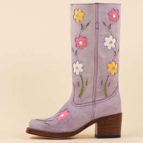 Elevate your style with these vintage lavender cowgirl boots featuring intricate floral designs. The mid-calf height and sturdy block heel offer both fashion-forward flair and comfortable wear for any occasion. Color: Lavender Heel Type: Block heel Heel Height: 2.36" / 60 mm approx Shaft Height: 11.81'' / 300 mm approx Product measurements were taken using size 8. Please note that measurements may vary by size. Toe: Square toe Flower blossom design Pull-on design Handcrafted US sizing. Fits ... Lavender Heels, Retro Boots, Flower Boots, Vintage Lavender, Funky Shoes, Flower Shoes, Lavender Flower, Blossom Design, Swag Shoes