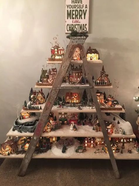 30+ Christmas Village Display Ideas Your Family Will Love - HubPages How To Display Christmas Village Ideas, Ladder Christmas Village, Christmas Decorations For Classroom, Holiday Village Display, Christmas Decorations On A Budget, Decorations For Classroom, Diy Christmas Village Displays, Christmas Tree Village Display, Christmas Village Display Ideas