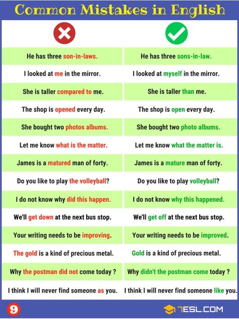 170+ Common Grammar Mistakes in English And How to Avoid Them - 7 E S L Common Grammar Mistakes, Grammar Errors, Grammar Mistakes, Teaching English Grammar, English Learning Spoken, Learn English Grammar, English Language Teaching, English Writing Skills, Learn English Vocabulary