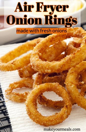 How to make HOMEMADE Onion Rings using fresh onions. #onionrings #homemade #airfryer #baked #batter #sidedish #onions #makeyourmeals Onion Rings Air Fryer, Air Fryer Onion Rings, Fried Onion Rings, Air Fryer Cooking Times, Cooks Air Fryer, Air Fried Food, Air Fryer Oven Recipes, Air Fry Recipes, Air Fryer Dinner Recipes