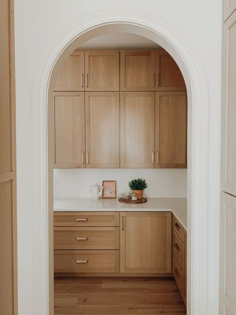 Pantry View From Kitchen, Arched Doorway Pantry, Arched Pantry Doorway, Doorway Transition Ideas, Kitchen Arch Door, Archway Pantry, Rounded Pantry Door, Arched Kitchen Opening, Arch Doorway Kitchen