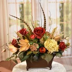 Floral Home Decor Silk Flower Floral Arrangement | Wayfair Beautiful Fall Flower Arrangements, Small Fall Arrangements, Fall Floral Centerpieces, Thanksgiving Cornucopia, Fall Centers, Fall Cake, Fall Hydrangea, Thanksgiving Flowers, Fall Table Centerpieces