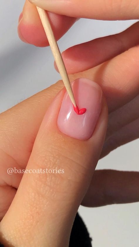 create easy diy heart nails with this toothpick hack for valentines!! 💌 Diy Heart Nails, Short Nails Tutorial, Nail Polish Short Nails, Heart Nails Diy, Heart Nails Tutorial, Easy Diy At Home, Nail Polish Ideas Easy, Diy Valentine's Nails, Cute Easy Nail Designs