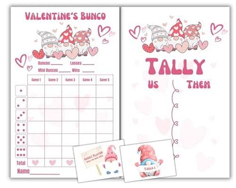 BUNCO Valentine's Day theme set. Gnome Vday Themed bunco game kit includes score sheet, tally sheet, ghost player, bunco card. February themed bunco score pads. Valentines Bunco, Valentine Bunco, Bunco Score Sheets, Bunco Themes, Bunco Game, Gnome Valentine, Bunco Party, Family Party Games, Printable Valentine