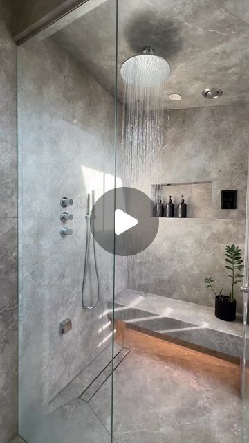 Val | London House Renovation and Interiors on Instagram: "Wetroom shower and steam room for an at home spa.  Many sleepless nights thinking about the concept for this bathroom.  It took a whole 3 years from the day I designed this space in 2018 to get it completed in 2021. It was worth the wait 😊. I am still in love and look forward to Saturdays for a steam to help ease the soreness from the gym.   I couldn’t resist capturing the sunlight coming in through the roof light bouncing off the water and the tiles.  I also added the roof light to be able to look out at the sky whilst sat on the bench.   I always look up and stare at that one massive 1200mm x 1200mm tile stuck to the sloping ceiling, which encourages the steam to roll down the glass. The shower head is adjustable so the water fa Steam Room Shower Design, Wetroom Ideas, Steam Room Shower, Sloping Ceiling, At Home Spa, Steam Bath, London House, Bathroom Spa, Steam Showers