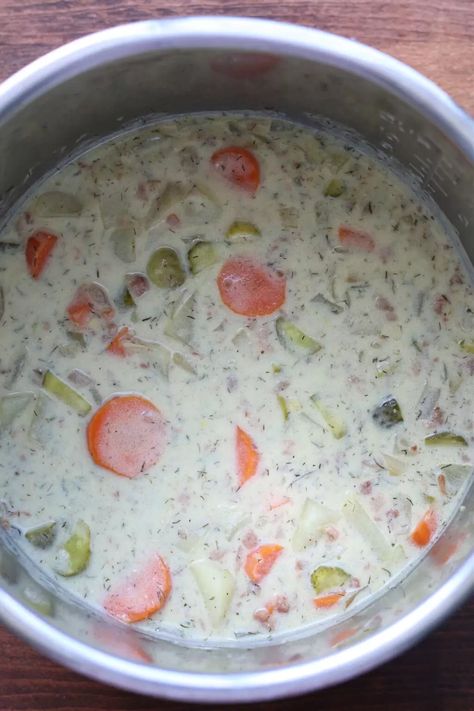 What's The Dill Soup--Instant Pot or Crockpot bacon and potato soup with lots of dill pickle flavor. Bacon And Potato Soup, Dill Pickle Soup Recipe, Pickle Soup Recipe, Soup Recipe Instant Pot, Dill Soup, Dill Pickle Soup, Dill Pickle Pasta Salad, Souper Bowl, Pickle Soup