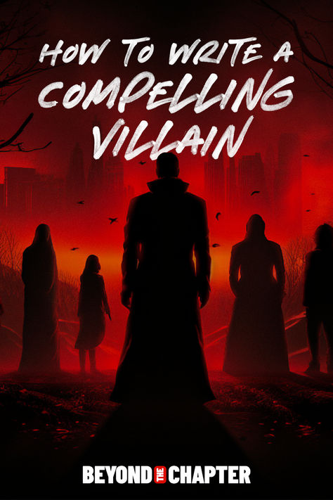 Dark red backdrop and villain silhouettes in the foreground. Types Of Villains, How To Create A Good Villain, Creating A Villain, How To Write A Villain Arc, Writing A Good Villain, Hero To Villain Writing, Writing Villains, Fear Factor, Villain Names