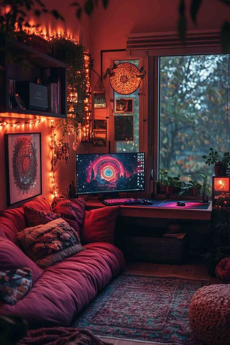 A warm and inviting gaming room with a cozy desk, soft lighting, and earthy decor, featuring plants and a comfortable seating area. Bedroom Desk Ideas, Gaming Room Setup Ideas, Gaming Setup Aesthetic, Cozy Gaming Room, Bedroom Gaming Setup, Gaming Bedroom Ideas, Room Setup Ideas, Gamer Bedroom, Cozy Gaming