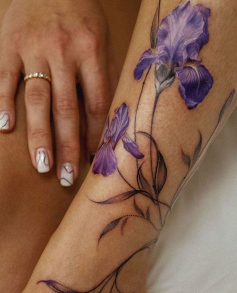 Iris Flower Tattoo Design Interesting Flower Tattoo, Iris Tattoo Small Simple, Iris Tattoo Arm, Purple Iris Tattoo Design, Purple Violet Tattoo, Iris Flower Tattoos, Purple Iris Tattoo, Irises Tattoo, Purple Ink Tattoo