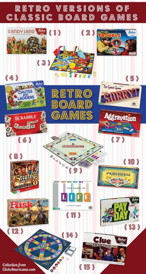 Retro versions of classic board games: 12 hits of yesteryear you can get again - #vintagegames #vintage #boardgames #classicgames #clickamericana #giftguide 1980s Board Games, 80s Board Games, Retro Board Games, 1960s Games, 70s Games, 70s Board Games, Nostalgia Games, 90s Board Games, 70s Party Theme